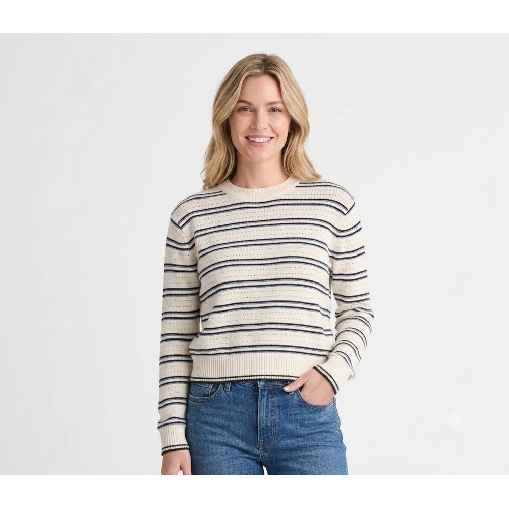 Madewell Sweater Small Striped Textured Stitch Cotton Crewneck Ivory Black NZ323